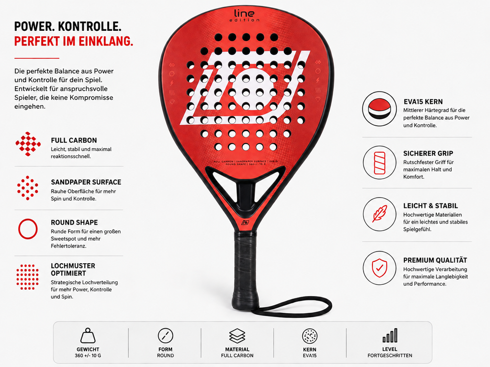 Padel Racket Topspin Line Edition – 360g Full Carbon 3K, Sandpaper Surface, EVA 15 Core - red
