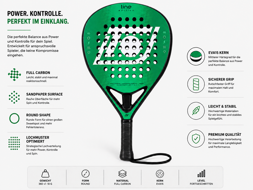 Padelschläger Topspin Line Edition – 360g Full Carbon 3K, Sandpaper Oberfläche, EVA 15 Kern - green