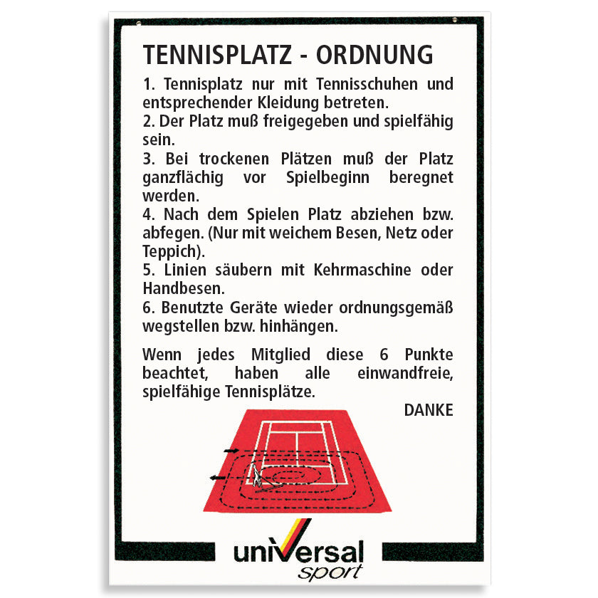 Tennis Court Rules Sign with Sweeping Pattern Diagram