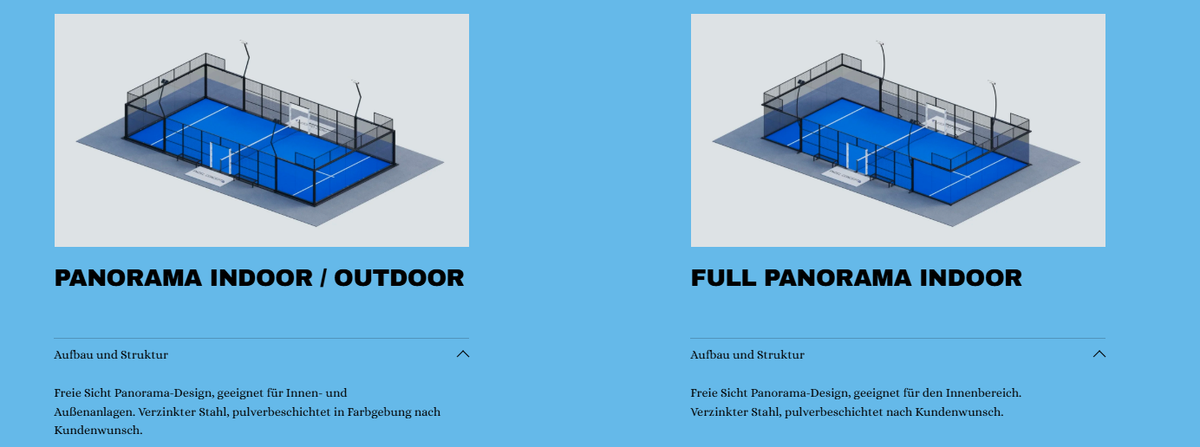 Padel Court Modell Panorama Indoor/Outdoor und Full Panorama Indoor