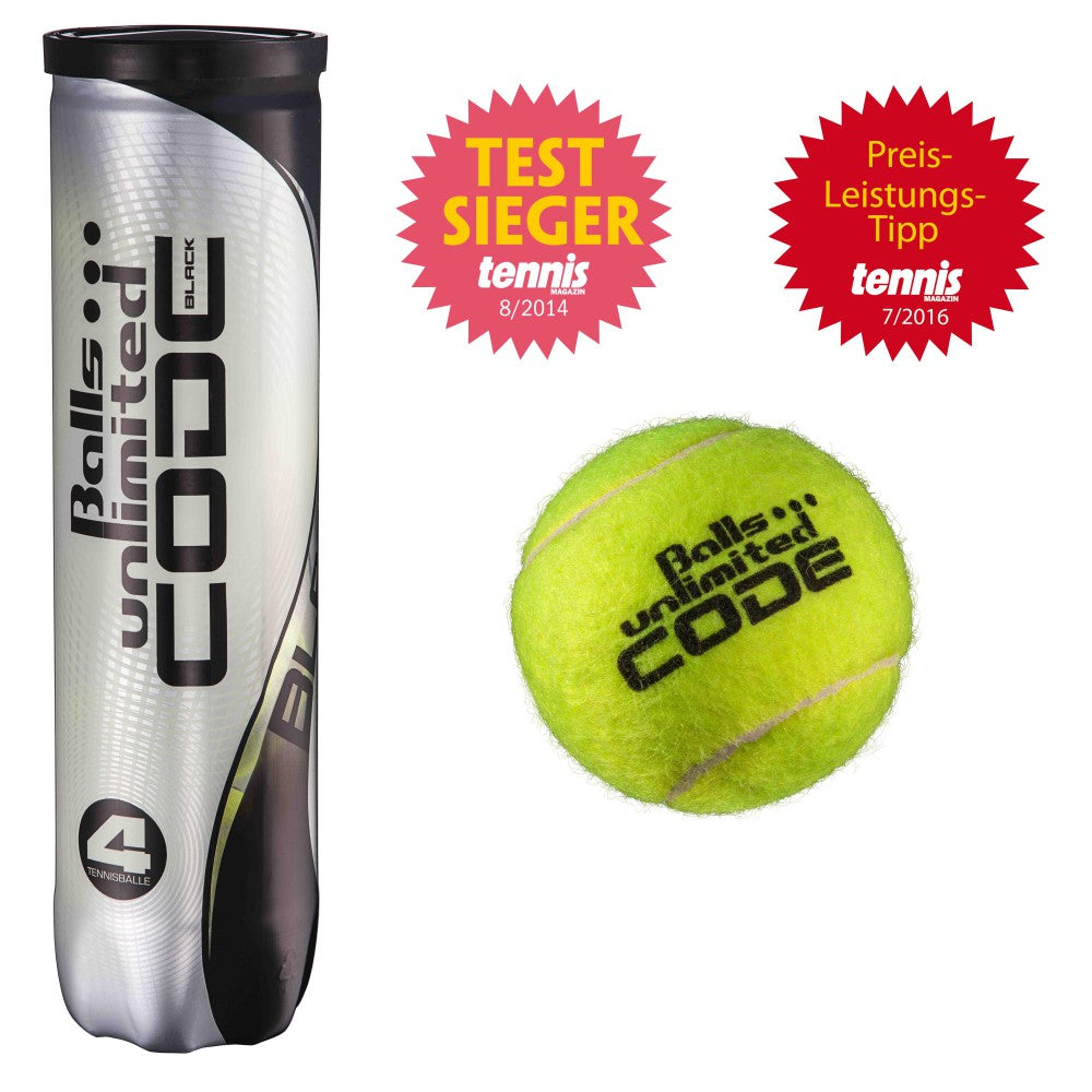 CLUB EDITION - Code Black Tennisbälle 25 x 4er Dosen + GRATIS Topspin Saite, Ballsammelröhre & Griffband
